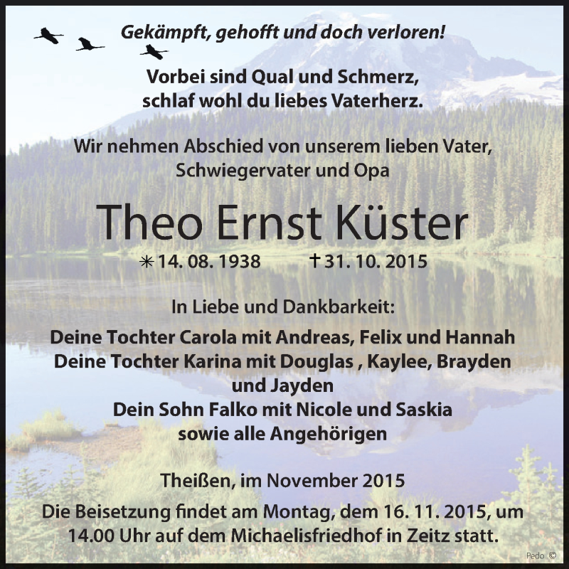  Traueranzeige für Theo Ernst Küster vom 07.11.2015 aus Super Sonntag Zeitz