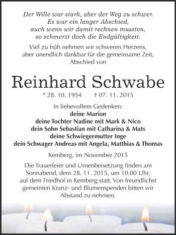 Traueranzeige von Reinhard Schwabe von WVG - Wochenspiegel Wittenberg