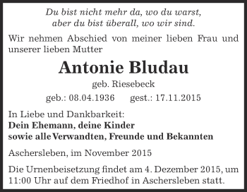 Traueranzeige von Antonie Bludau von Super Sonntag Aschersleben