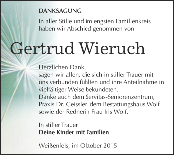 Traueranzeige von Gertrud Wieruch von WVG - Wochenspiegel NMB / WSF / ZTZ