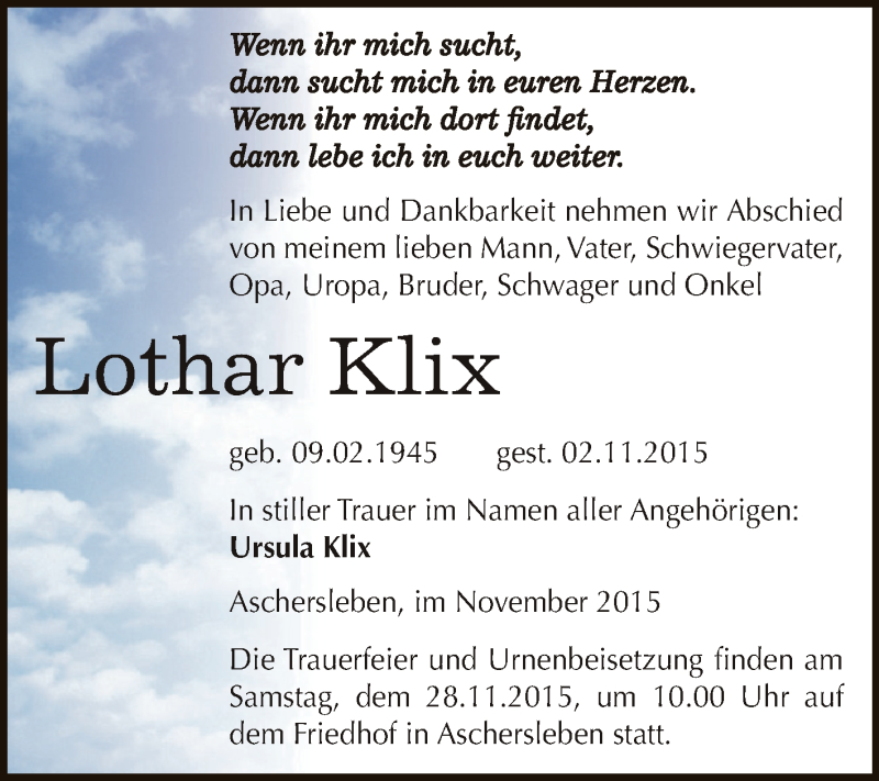  Traueranzeige für Lothar Klix vom 11.11.2015 aus Super Sonntag Aschersleben