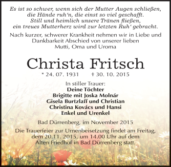 Traueranzeige von Christa Fritsch von Mitteldeutsche Zeitung Merseburg/Querfurt