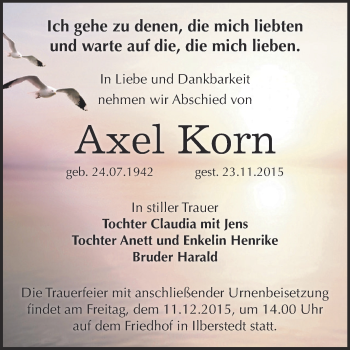 Traueranzeige von Axel Korn von Super Sonntag Bernburg