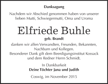 Traueranzeige von Elfriede Buhle von Super Sonntag Wittenberg
