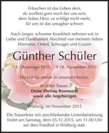 Traueranzeige von Günther Schüler von WVG - Wochenspiegel Dessau / Köthen