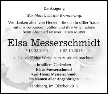 Traueranzeige von Elsa Messerschmidt von Mitteldeutsche Zeitung Halle/Saalkreis