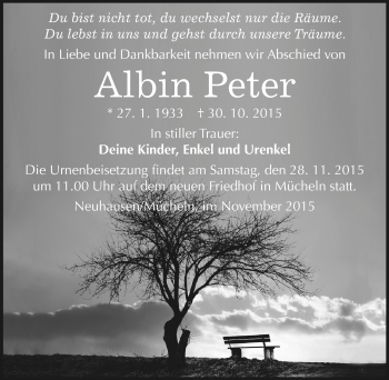 Traueranzeige von Albin Peter von Mitteldeutsche Zeitung Merseburg/Querfurt
