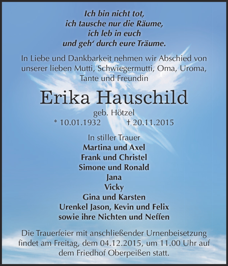  Traueranzeige für Erika Hauschild vom 28.11.2015 aus Super Sonntag Bernburg