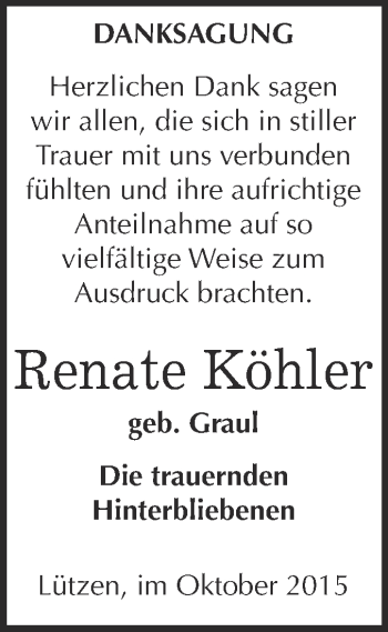 Traueranzeige von Renate Köhler von Super Sonntag Merseburg
