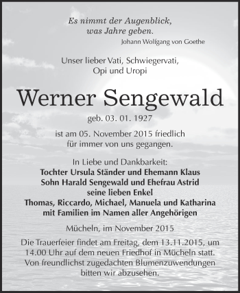 Traueranzeige von Werner Sengewald von WVG - Wochenspiegel Merseburg