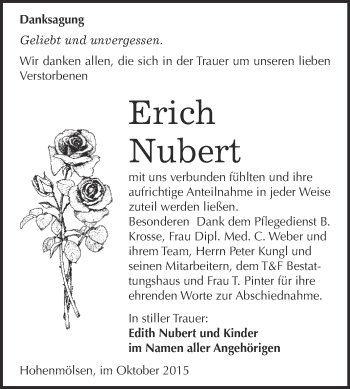 Traueranzeige von Erich Nubert von WVG - Wochenspiegel NMB / WSF / ZTZ