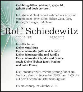 Traueranzeige von Rolf Schiedewitz von WVG - Wochenspiegel Dessau / Köthen