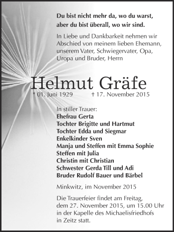 Traueranzeige von Helmut Gräfe von Super Sonntag Zeitz