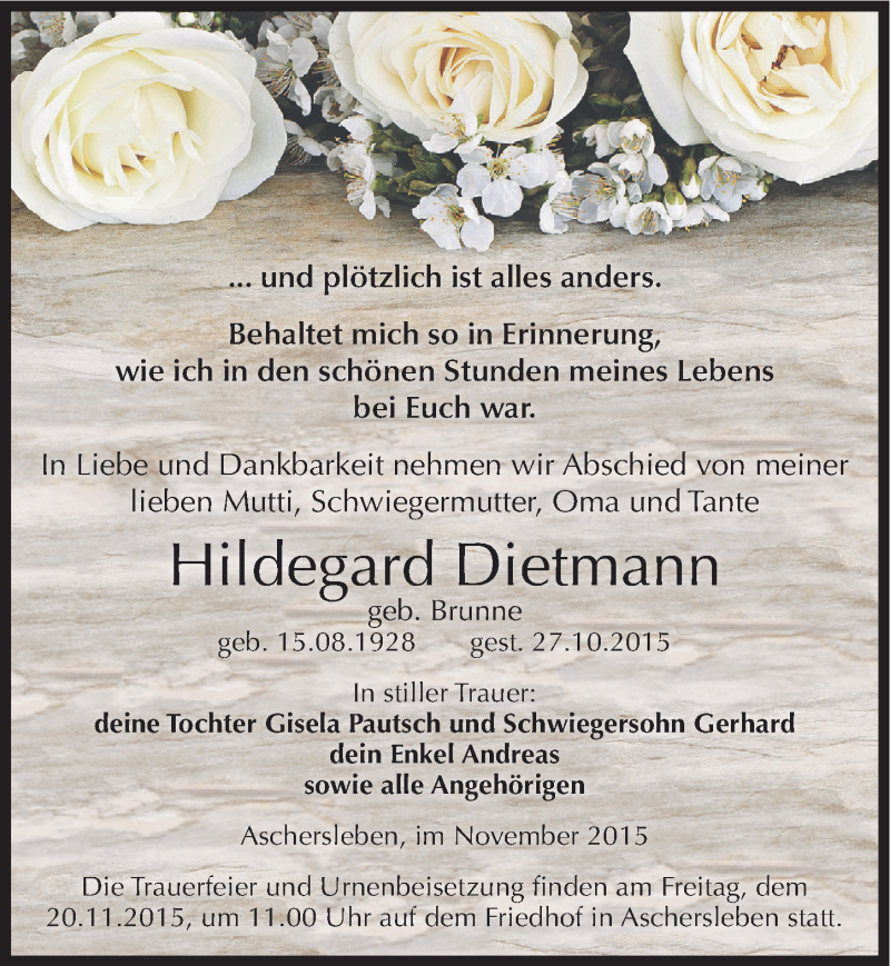  Traueranzeige für Hildegard Dietmann vom 07.11.2015 aus Mitteldeutsche Zeitung Aschersleben