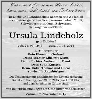 Traueranzeige von Ursula Lindeholz von Mitteldeutsche Zeitung Wittenberg