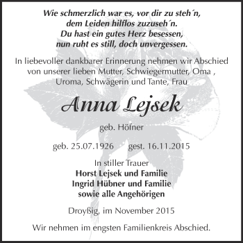 Traueranzeige von Anna Lejsek von Super Sonntag Zeitz