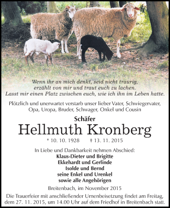 Traueranzeige von Hellmuth Kronberg von Super Sonntag SGH Mansf. Land