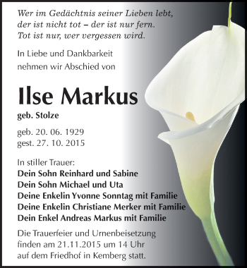 Traueranzeige von Ilse Markus von Mitteldeutsche Zeitung Wittenberg