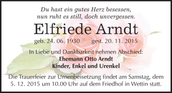 Traueranzeige von Elfriede Arndt von Mitteldeutsche Zeitung Halle/Saalkreis