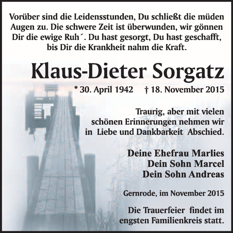  Traueranzeige für Klaus-Dieter Sorgatz vom 28.11.2015 aus WVG - Wochenspiegel Quedlinburg
