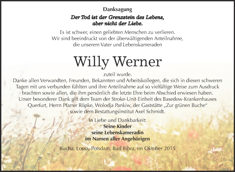  Traueranzeige für Willy Werner vom 04.11.2015 aus WVG - Wochenspiegel NMB / WSF / ZTZ