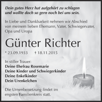 Traueranzeige von Günter Richter von WVG - Wochenspiegel Dessau / Köthen