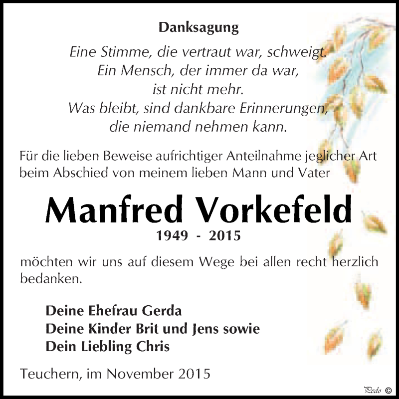  Traueranzeige für Manfred Vorkefeld vom 11.11.2015 aus WVG - Wochenspiegel NMB / WSF / ZTZ