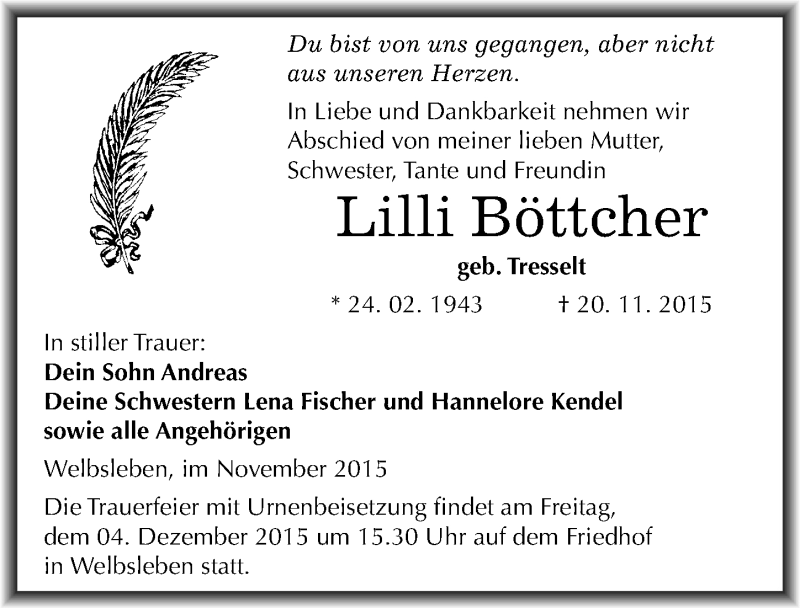  Traueranzeige für Lilli Böttcher vom 25.11.2015 aus Mitteldeutsche Zeitung Mansfelder Land