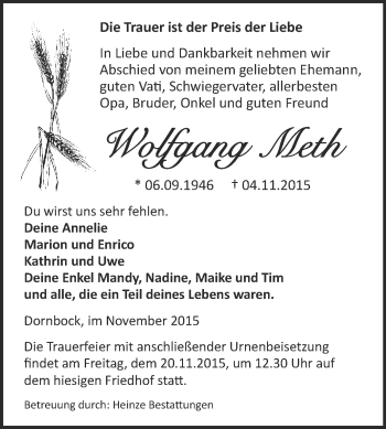 Traueranzeige von Wolfgang Meth von WVG - Wochenspiegel Dessau / Köthen