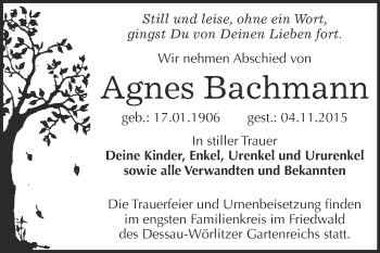 Traueranzeige von Agnes Bachmann von Super Sonntag Wittenberg