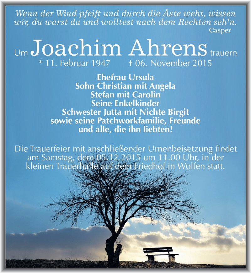  Traueranzeige für Joachim Ahrens vom 18.11.2015 aus Mitteldeutsche Zeitung Bitterfeld