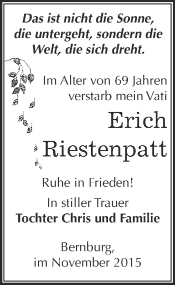 Traueranzeige von Erich Riestenpatt von Super Sonntag Bernburg