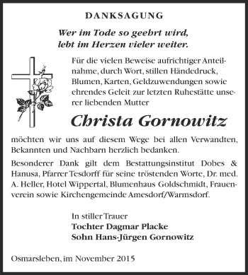 Traueranzeige von Christa Gornowitz von Super Sonntag Bernburg