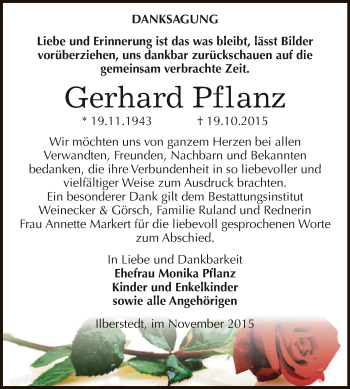 Traueranzeige von Gerhard Pflanz von Super Sonntag Bernburg