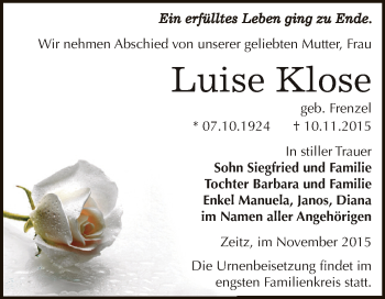 Traueranzeige von Luise Klose von Super Sonntag Zeitz