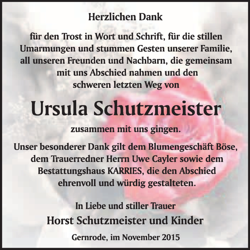  Traueranzeige für Ursula Schutzmeister vom 07.11.2015 aus WVG - Wochenspiegel Quedlinburg