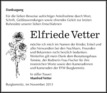 Traueranzeige von Elfriede Vetter von Mitteldeutsche Zeitung Bitterfeld