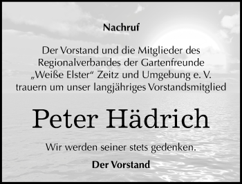 Traueranzeige von Peter Hädrich von Mitteldeutsche Zeitung Zeitz