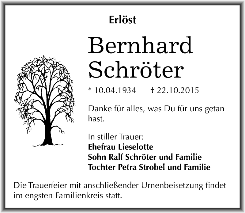  Traueranzeige für Bernhard Schröter vom 21.11.2015 aus Mitteldeutsche Zeitung Halle/Saalkreis