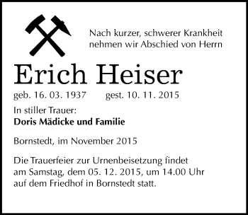 Traueranzeige von Erich Heiser von Mitteldeutsche Zeitung Mansfelder Land