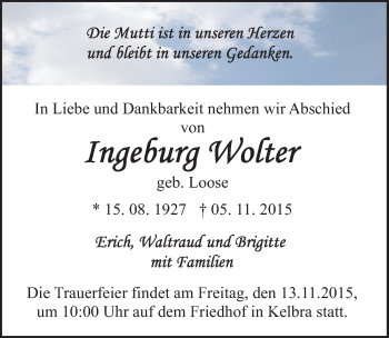 Traueranzeige von Ingeburg Wolter von Mitteldeutsche Zeitung Sangerhausen