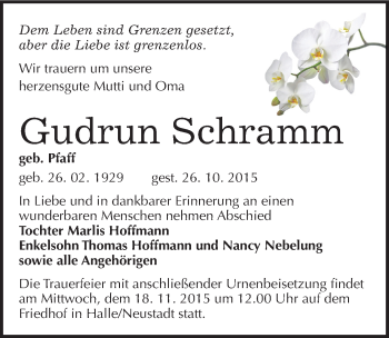 Traueranzeige von Gudrun Schramm von Mitteldeutsche Zeitung Zeitz