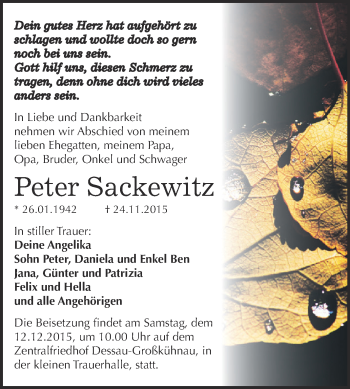 Traueranzeige von Peter Sackewitz von WVG - Wochenspiegel Dessau / Köthen