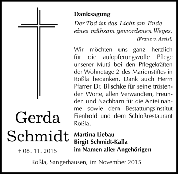 Traueranzeige von Gerda Schmidt von Mitteldeutsche Zeitung Sangerhausen
