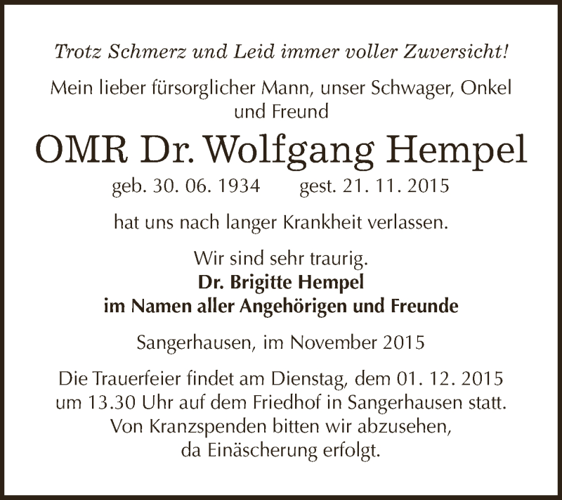  Traueranzeige für Wolfgang Hempel vom 28.11.2015 aus Super Sonntag SGH Mansf. Land