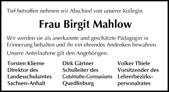 Traueranzeige von Birgit Mahlow von Mitteldeutsche Zeitung Quedlinburg