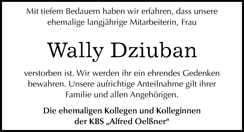  Traueranzeige für Wally Dziuban vom 14.11.2015 aus Mitteldeutsche Zeitung Weißenfels