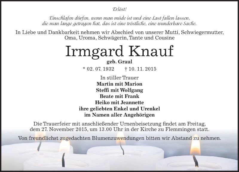  Traueranzeige für Irmgard Knauf vom 14.11.2015 aus Mitteldeutsche Zeitung Naumburg/Nebra