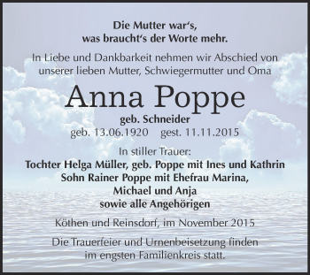 Traueranzeige von Anna Poppe von WVG - Wochenspiegel Dessau / Köthen
