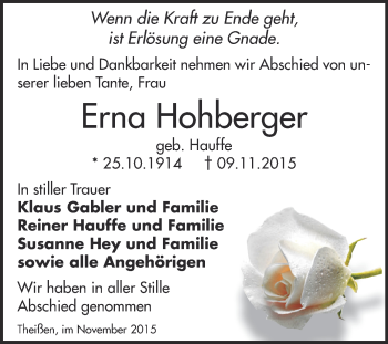 Traueranzeige von Erna Hohberger von Super Sonntag Zeitz